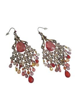 Vintage Chandelier Drop Earrings Gold Tone Multicolor Beads Beach Boho Core Gift